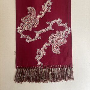 Burgundy and Gold Paisley Vintage Opera Scarf with Hand Knotted Fringe